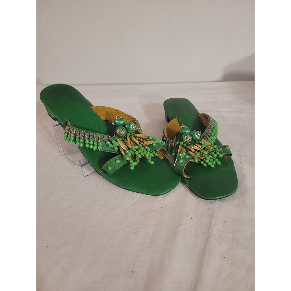 Unbranded Havanna Dangle Beaded Green Open Toe Sandal Sz 8.5 Octogon Shaped Heel